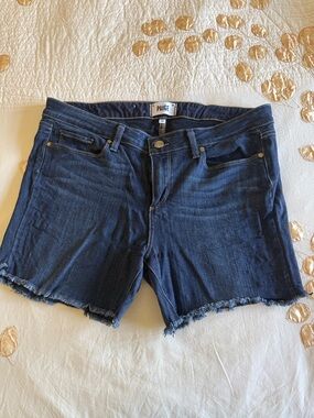 PAIGE Indigo Frayed Hem Denim Shorts
